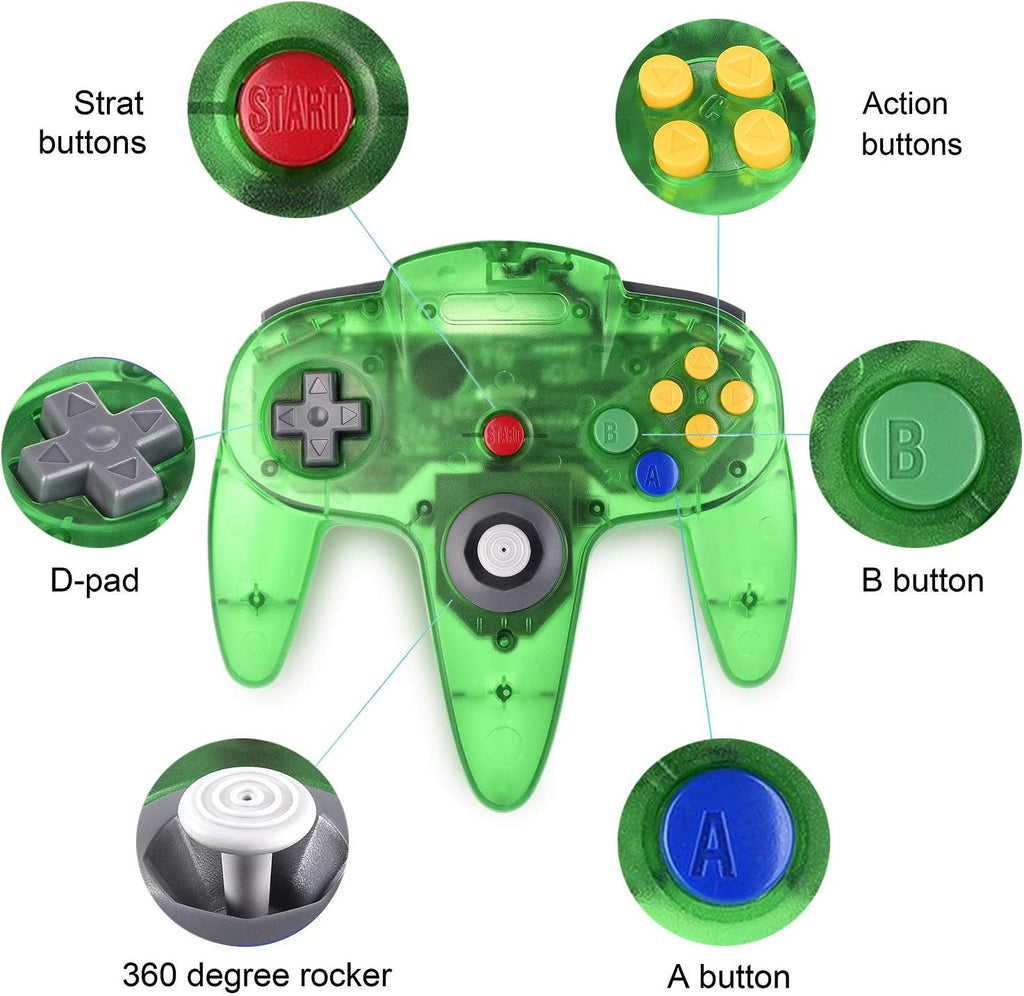 miadore Paquete de 4 Classic 64 Controller, Controladores con Cable para N64 con Joystick Mejorado (Versión USB no para PC) (Negro/Verde Transparente/Azul Transparente/Naranja Transparente)