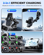 Soporte de cargador de coche inalámbrico 3 en 1, soporte de teléfono de sujeción automática de carga rápida de 15 W para iPhone 17 16 15 14, Samsung Galaxy S24 S23, tablero de instrumentos