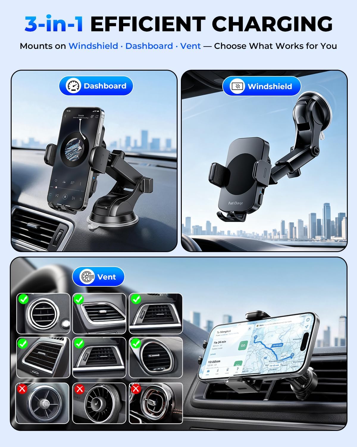 Soporte de cargador de coche inalámbrico 3 en 1, soporte de teléfono de sujeción automática de carga rápida de 15 W para iPhone 17 16 15 14, Samsung Galaxy S24 S23, tablero de instrumentos
