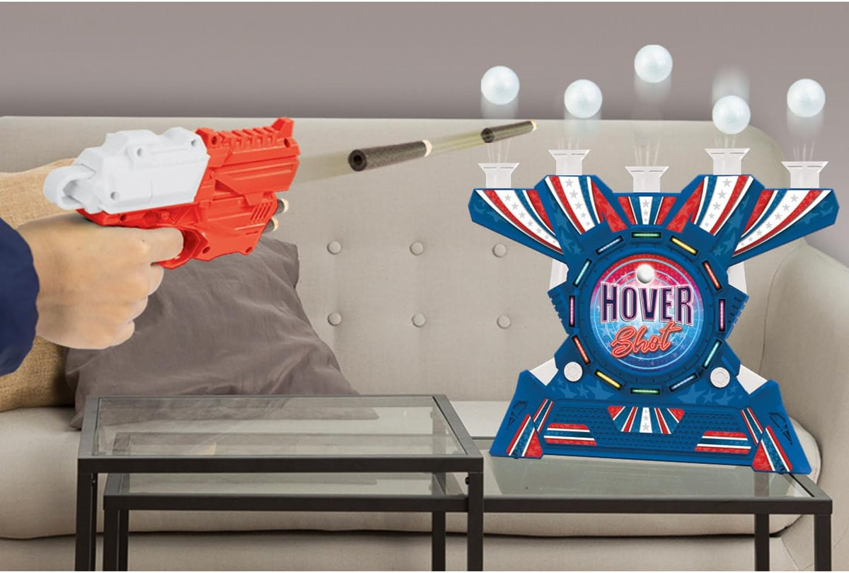 Ambassador Games: Retro Arcade - Disparo electrónico de hover - Juego de disparo de mesa con luz y sonido, lanzador, bolas flotantes de aire, adultos y niños a partir de 6 años