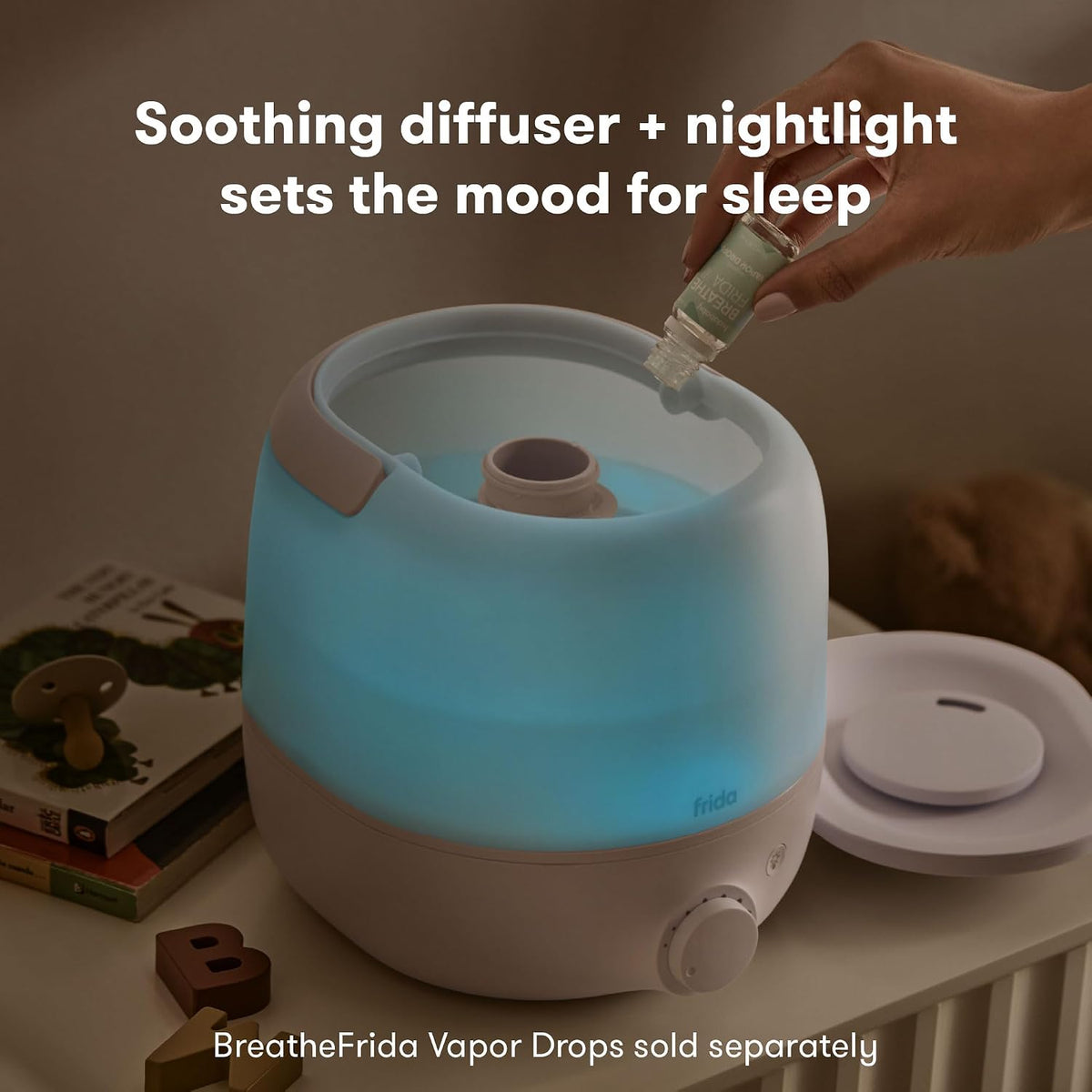 Frida Baby Humidificador de niebla fría 3 en 1 para habitaciones grandes, humidificador de relleno superior para recámara, alivio de alergias, tiempo de funcionamiento de 60 horas + luz nocturna