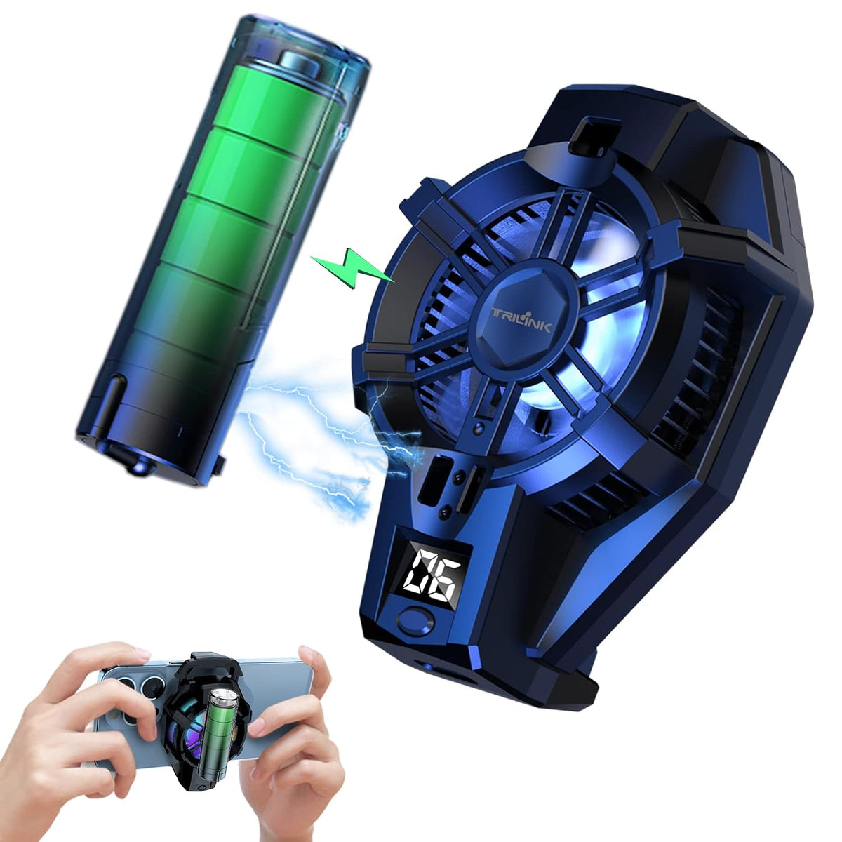 TRILINK Enfriador de teléfono con batería recargable, ventilador de refrigeración para juegos compatible con todo tipo de teléfonos inteligentes iPhone Android, radiador de teléfono móvil con pantalla LED de temperatura, abrazadera universal/LED RGB