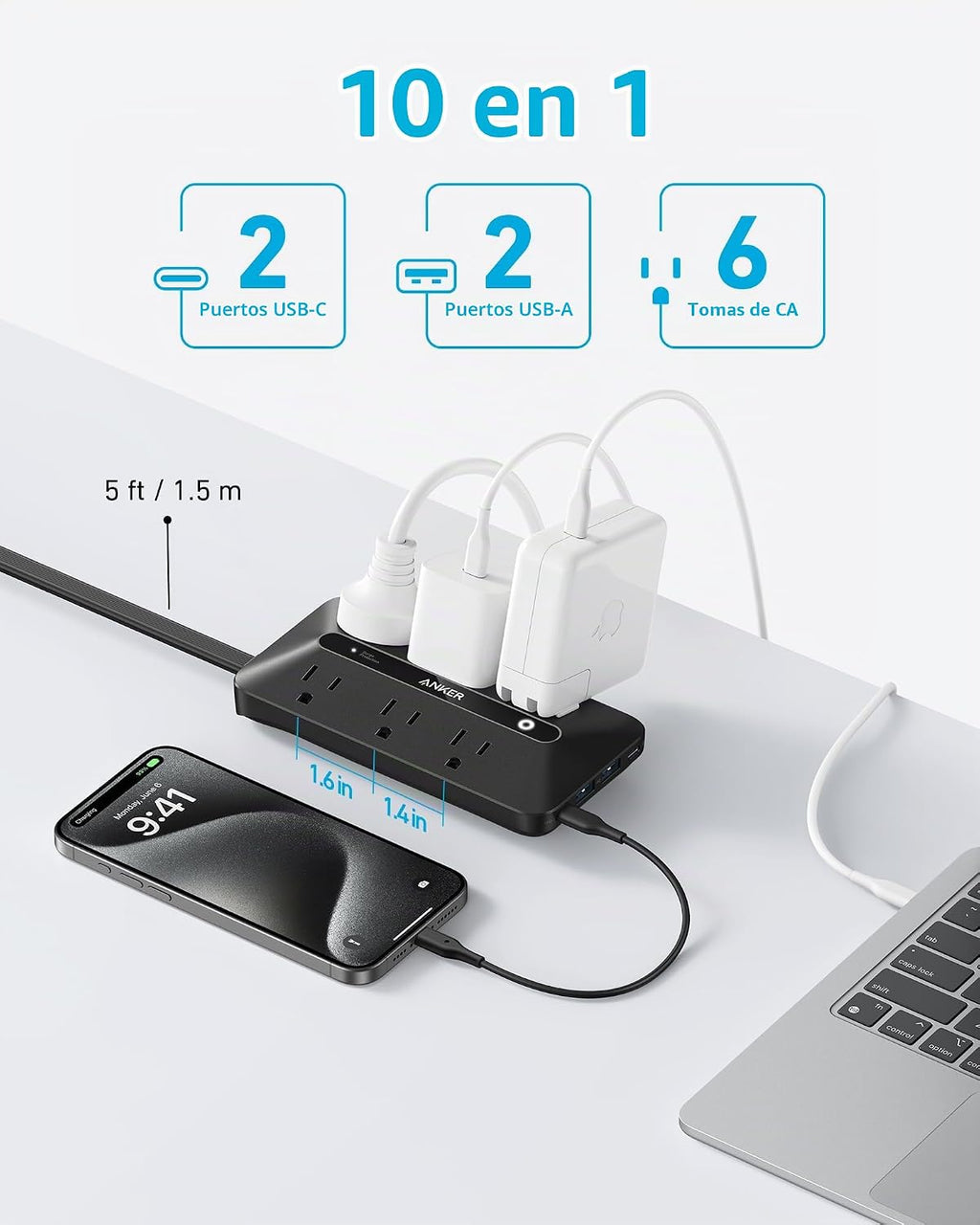 Anker Regleta con protector contra sobretensiones de 300J, extensor de
