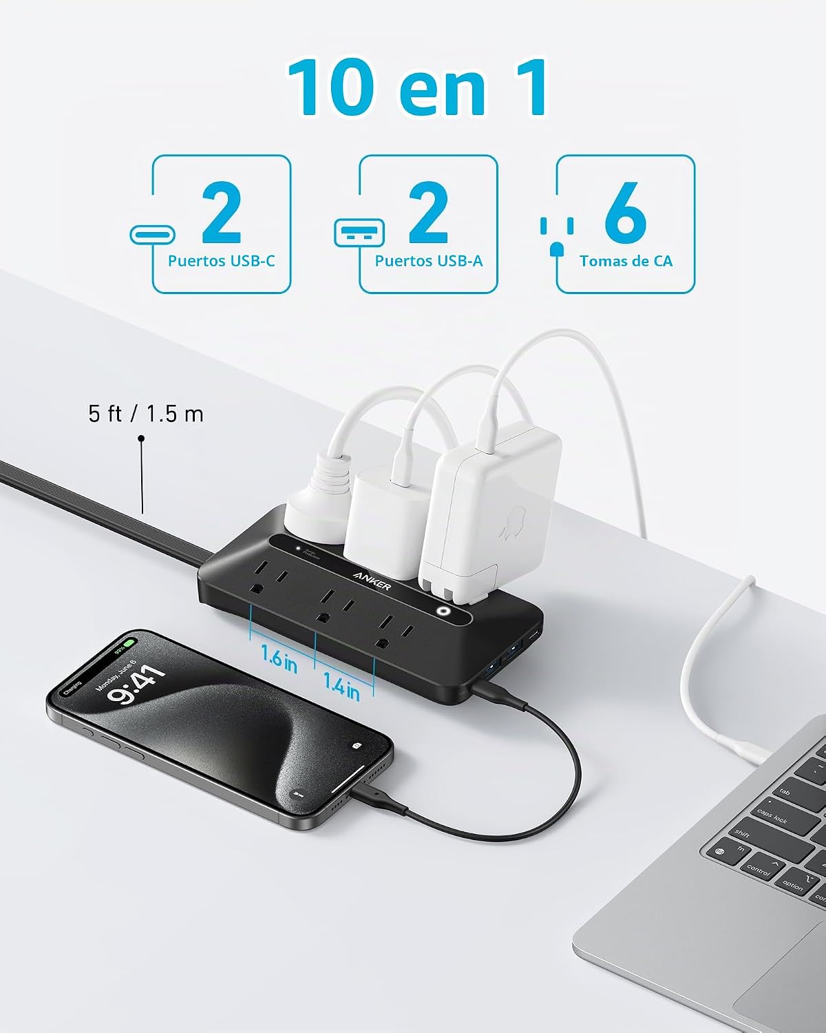 Anker Regleta con protector contra sobretensiones de 300J, extensor de