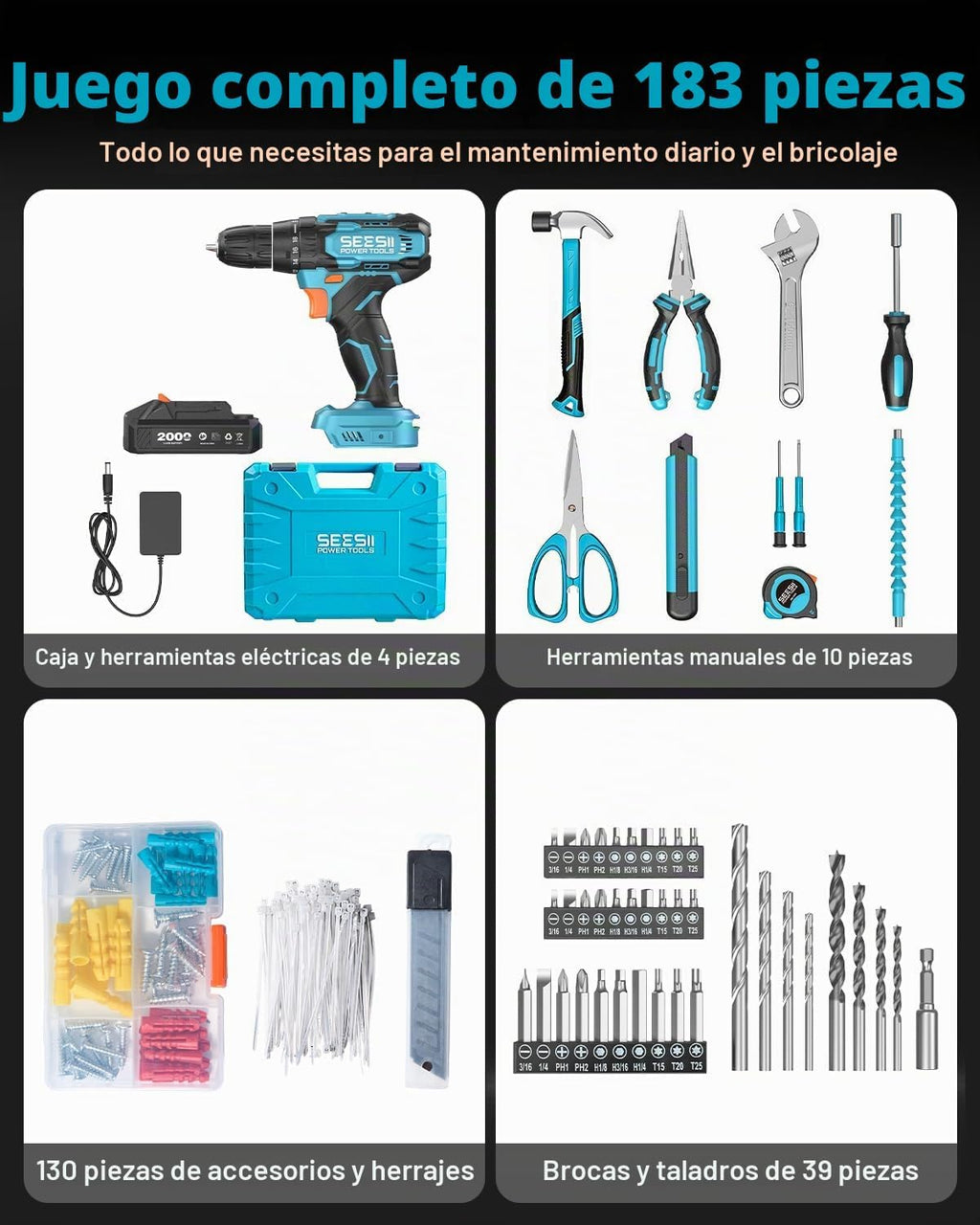 Seesii - Juego de taladro eléctrico de 20 V, kit de herramientas de 183