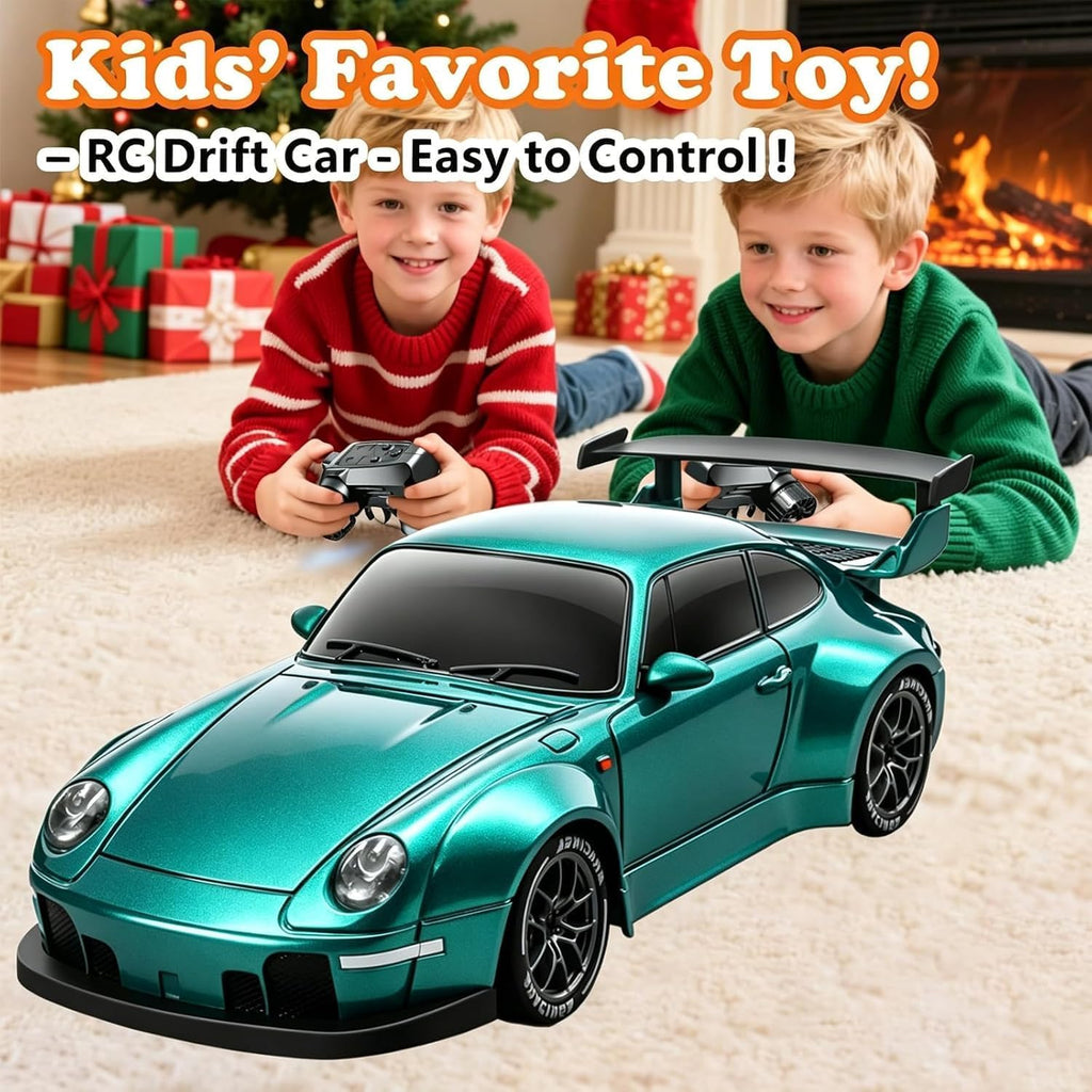 Auto de deriva a control remoto a escala 1:24 con luces LED, neumáticos de deriva y dos baterías, juguete deportivo de carreras, regalo ideal para adultos, niños, niñas y niños (azul lago)