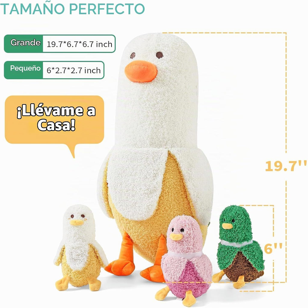 PEACH CAT Peluche de pato plátano con diseño de banana 1 mamá 19.7" Animal de peluche de pato con 3 lindos bebés dentro, juego de 4 piezas de peluches para regalos para niñas y niños