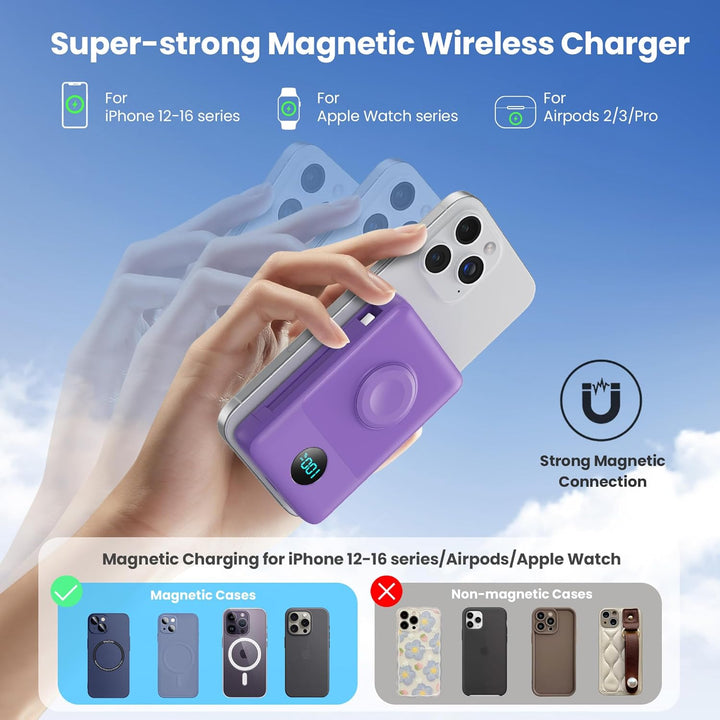 Cargador portátil magnético 6 en 1 para iPhone con cables integrado...