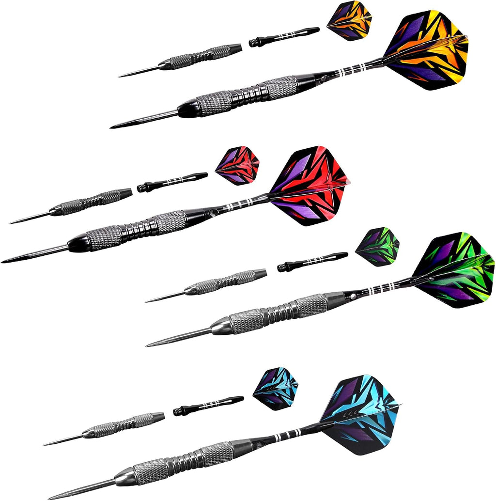 Juego de 12 dardos de punta de acero con barril de hierro antideslizante, ejes de dardos de aluminio y vuelos, afilador de dardos y caja de regalo