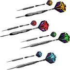 Juego de 12 dardos de punta de acero con barril de hierro antideslizante, ejes de dardos de aluminio y vuelos, afilador de dardos y caja de regalo