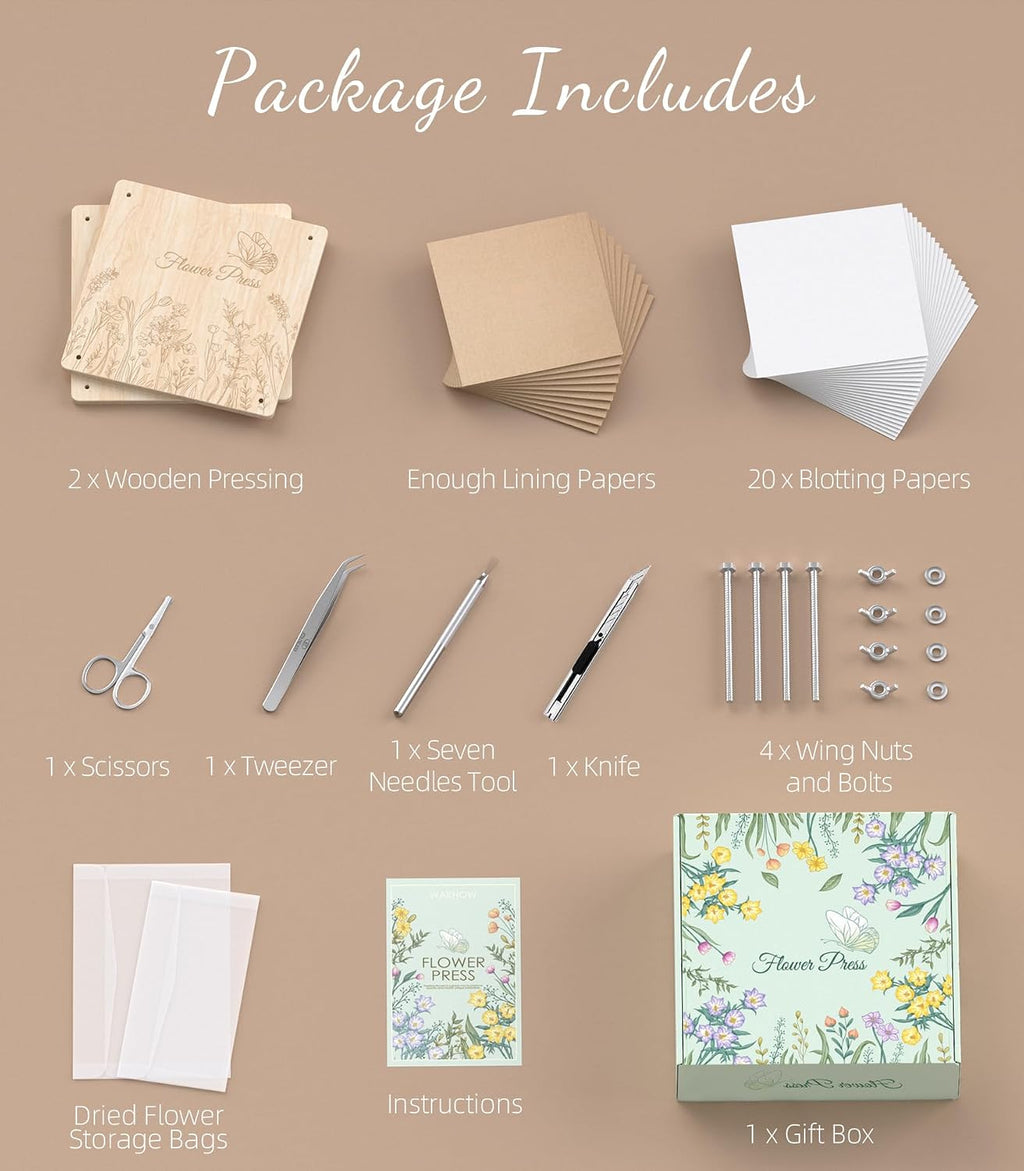 Kit de prensa de flores Wakhow – 27.9 cm x 27.9 cm Prensa de flores grande de madera para adultos y adolescentes | Elaboración de ramos de flores DIY y arte con flores secas | Regalo ideal para