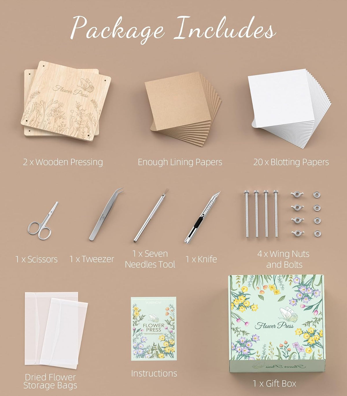 Kit de prensa de flores Wakhow – 27.9 cm x 27.9 cm Prensa de flores grande de madera para adultos y adolescentes | Elaboración de ramos de flores DIY y arte con flores secas | Regalo ideal para