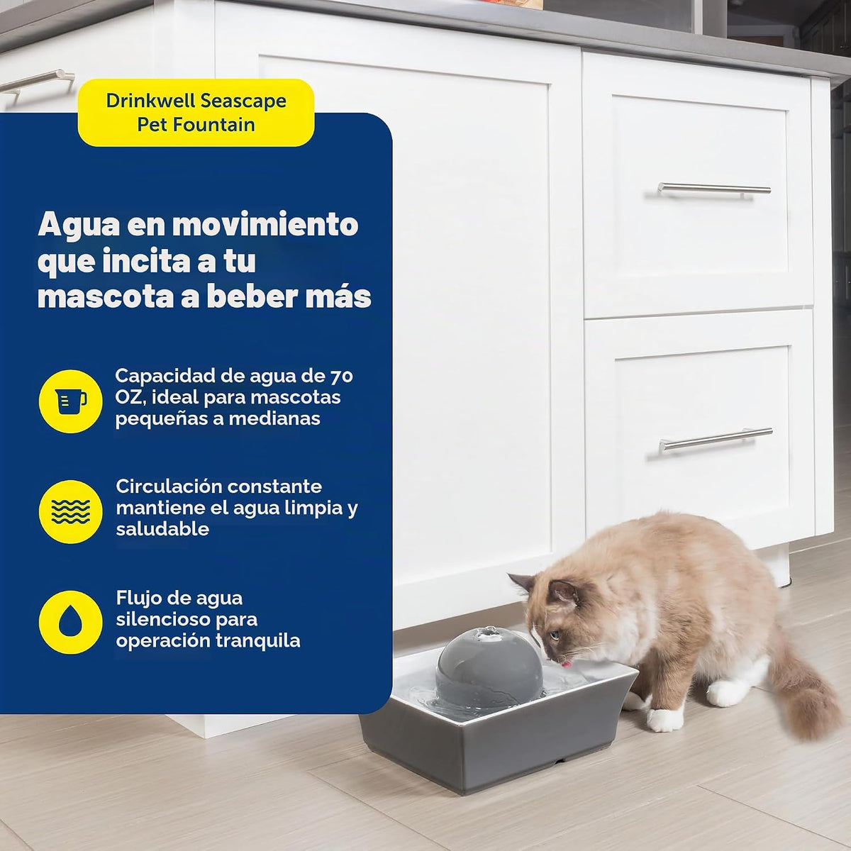 PetSafe Drinkwell - Fuente de agua de cerámica para mascotas, dispensador automático silencioso de 70 onzas para gatos y perros con filtros, diseño cuadrado apto para lavavajillas