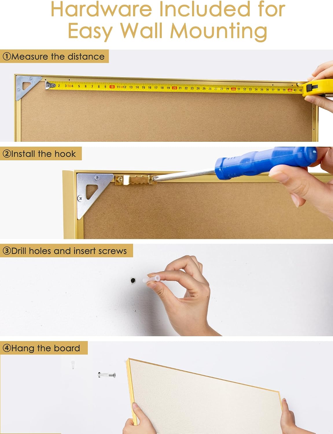 Tablero de anuncios de tela de 30 x 20 pulgadas, tablero de aluminio dorado