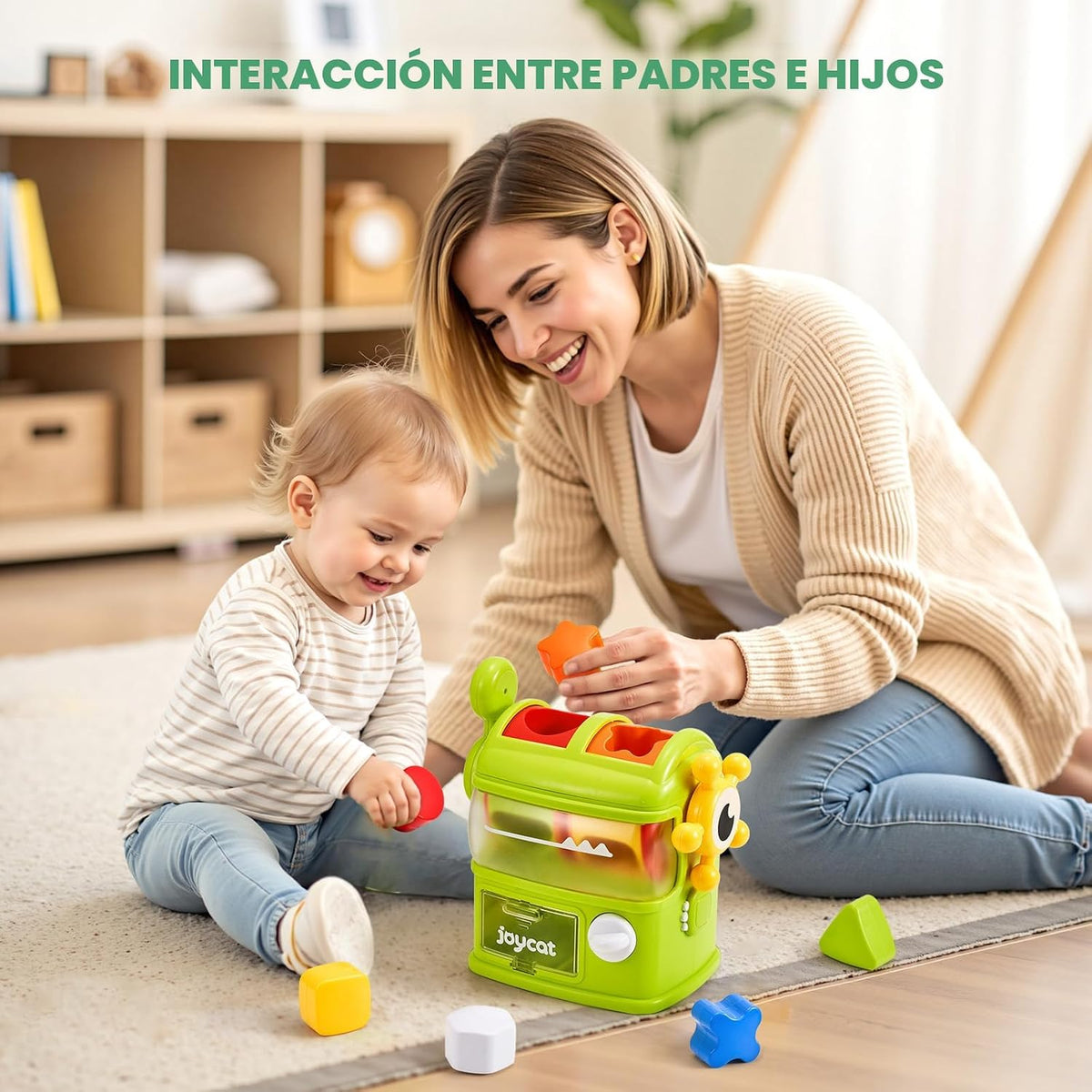 JoyCat Monster Eating The Shapes, juguete interactivo clasificador de formas para niños pequeños de 1 a 3 años, con 6 bloques de forma de sonajero y 2 palancas, juguetes de aprendizaje Montessori a
