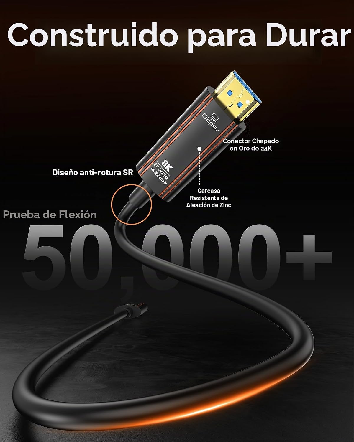 Cable HDMI de fibra óptica de 50 pies, 8K largo HDMI 2.1 cable 48Gbps ultra alta velocidad compatible 8K @60Hz 4K @240Hz dinámico HDR/eARC/HDCP 2.2 y 2.3/3D compatible con PS5 PS4 Xbox HDTV
