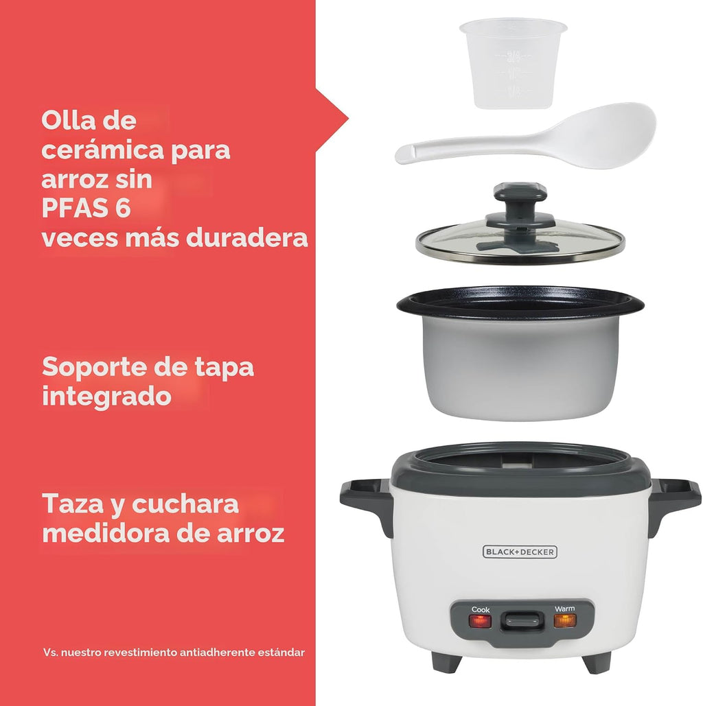 BLACK+DECKER Arrocera de 3 tazas, RC503, 1.5 tazas de arroz crudo, cesta de vapor, cuenco antiadherente extraíble, un toque, blanco