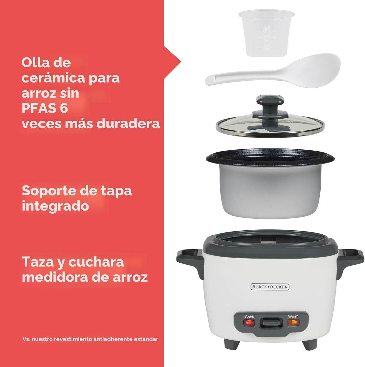 BLACK+DECKER Arrocera de 3 tazas, RC503, 1.5 tazas de arroz crudo, cesta de vapor, cuenco antiadherente extraíble, un toque, blanco