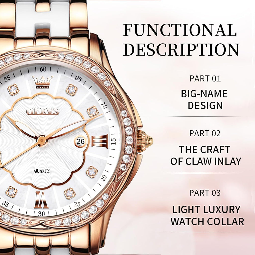 OLEVS Relojes de cerámica de lujo para mujer, reloj de oro rosa con diamantes brillantes para mujer, resistente al agua, analógico, de cuarzo, relojes para mujer