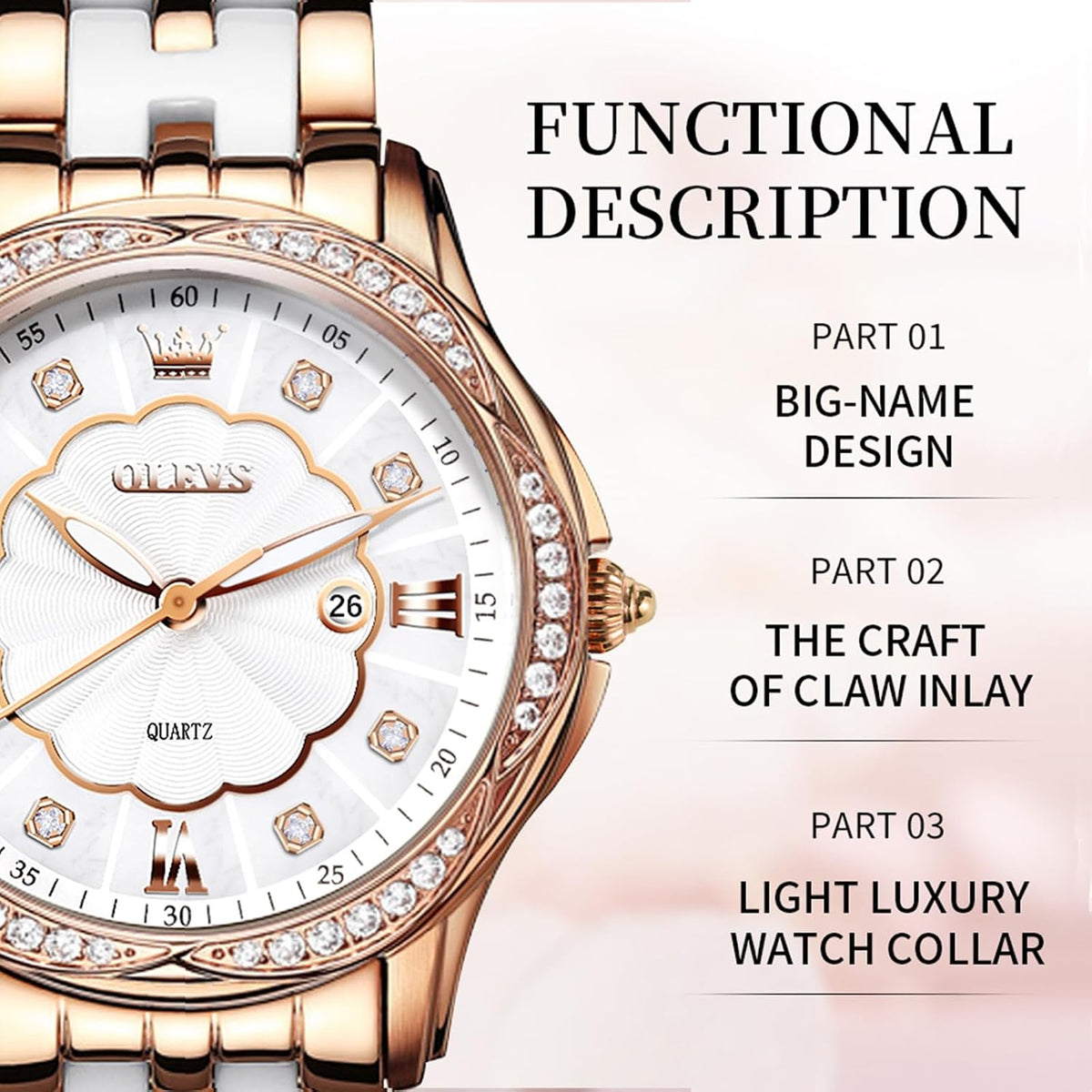 OLEVS Relojes de cerámica de lujo para mujer, reloj de oro rosa con diamantes brillantes para mujer, resistente al agua, analógico, de cuarzo, relojes para mujer