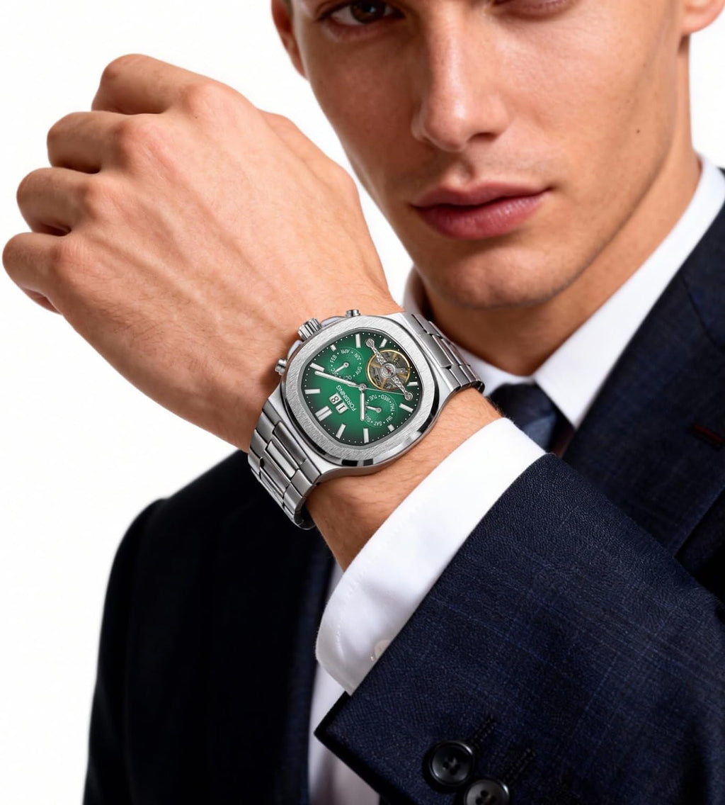 FORSINING Reloj mecánico automático para hombre, caja cuadrada clásica, esfera Tourbillon, multifuncional (fecha/semana/mes) reloj de pulsera casual de negocios con acero inoxidable Starp impermeable