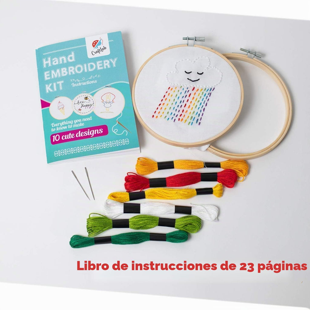 CraftLab Kit de bordado para niños, kit de costura para principiantes con 10 proyectos, aros, hilo, patrones