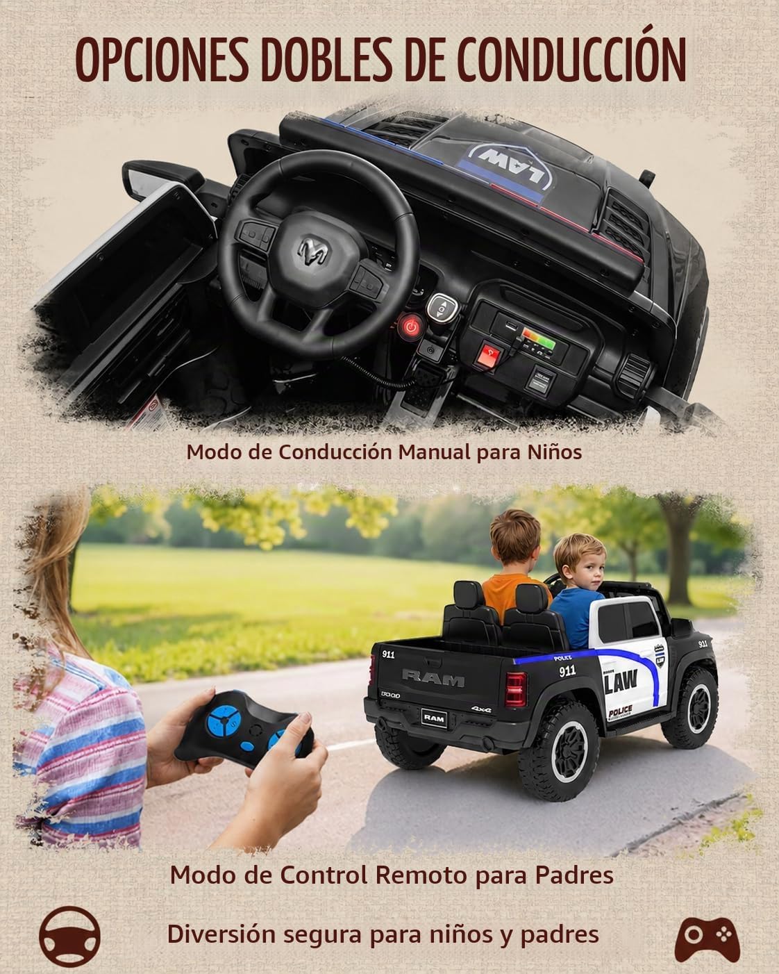 First Ride On RAM 1500 RHO 24V - Coche de policía de 2 plazas para niños
