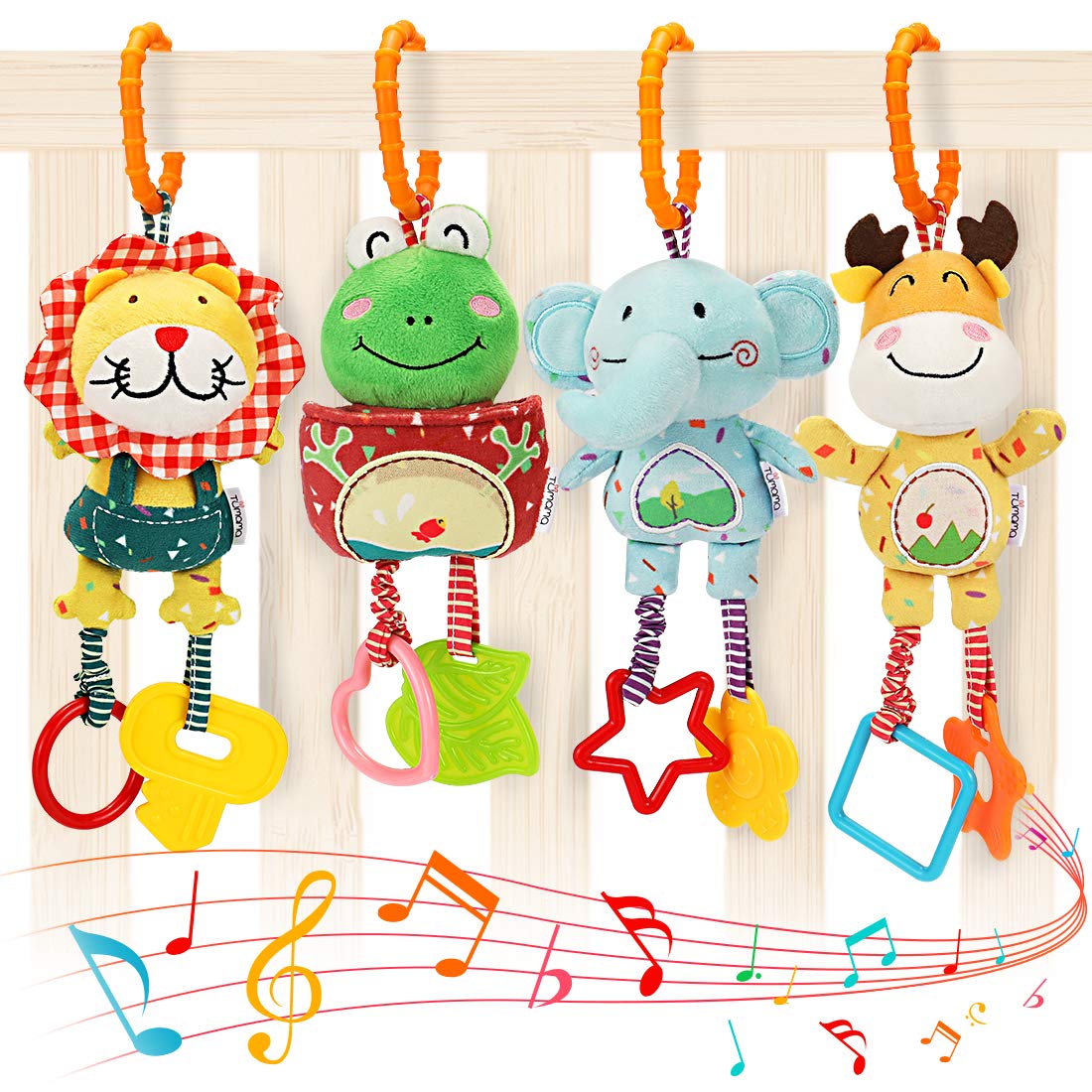 TUMAMA Juguetes para bebés de 0, 3, 6, 9, 12 meses, sonajeros de bebé, de felpa suave, para desarrollo temprano, juguetes de coche para bebés, regalos de cumpleaños para recién nacidos, paquete de 4