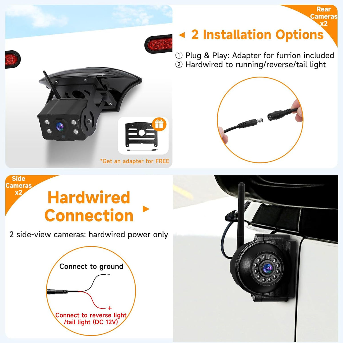 Sistema de cámara inalámbrica 1080P para RV, cámara de respaldo de visión nocturna IP69 impermeable con cámara de visión trasera lateral y monitor HD de 7 pulgadas para RV, camión, remolque, casa
