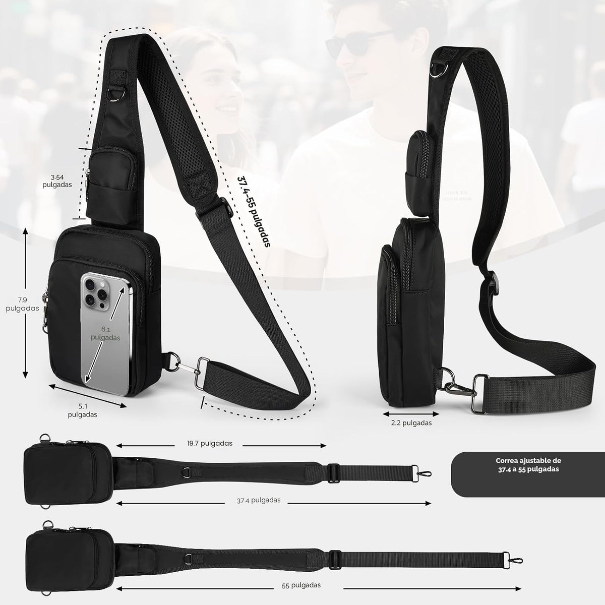 Bolso bandolera con cierre de cremallera, bloqueo RFID y resistente al agua para hombres y mujeres
