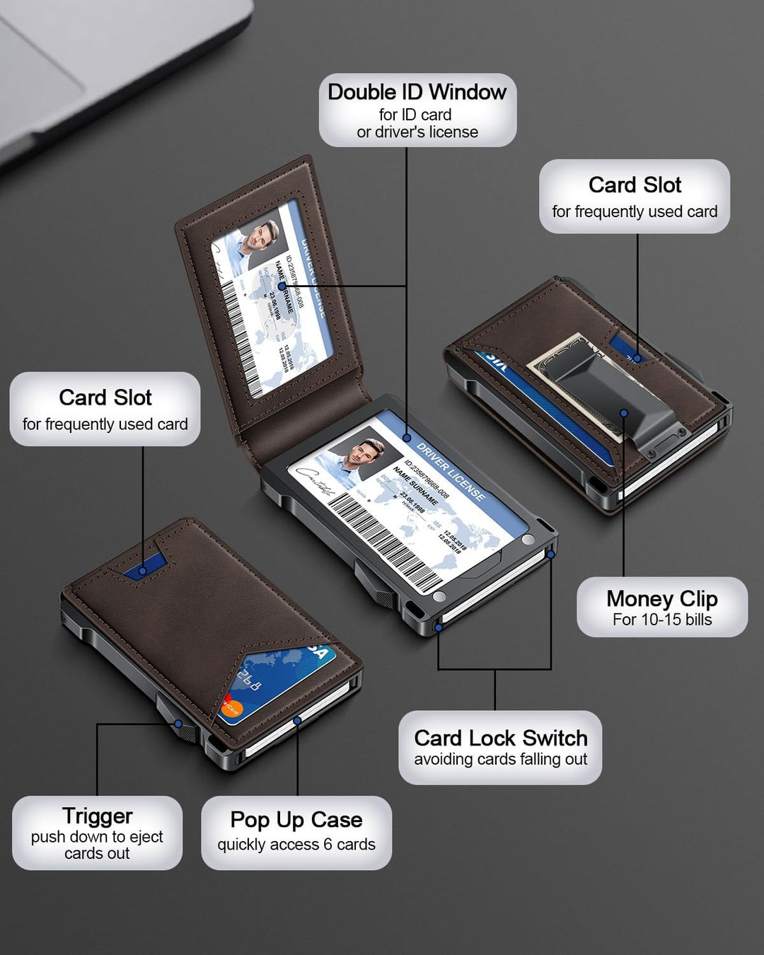 Cartera para hombres RFID con 2 ventanas de identificación y clip p...