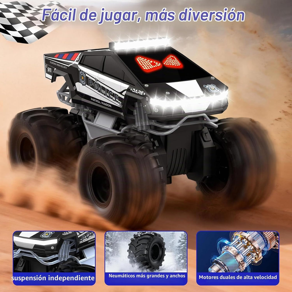Coche de control remoto de policía con ojos dinámicos LED, autos RC anfibios 1:18, camioneta todo terreno 4WD, camión cibernético impermeable de 2.4 GHz, camión monstruo giratorio de 360°, juguetes