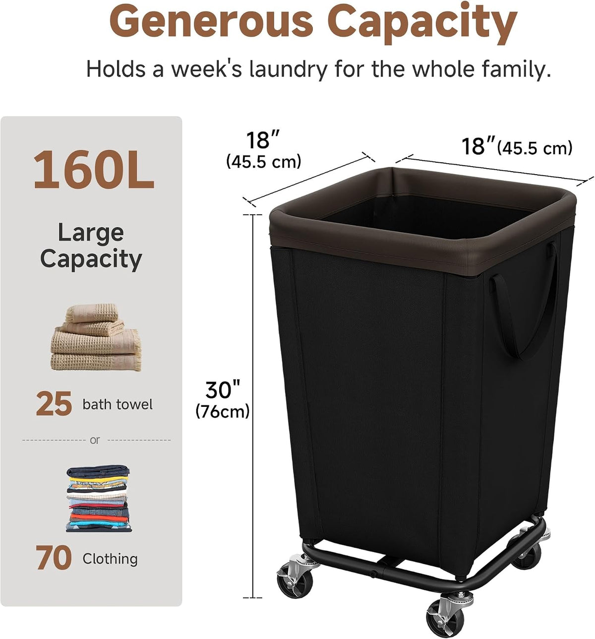 StorageWorks Cesta de lavandería con ruedas, cesta negra enrollable de 160L