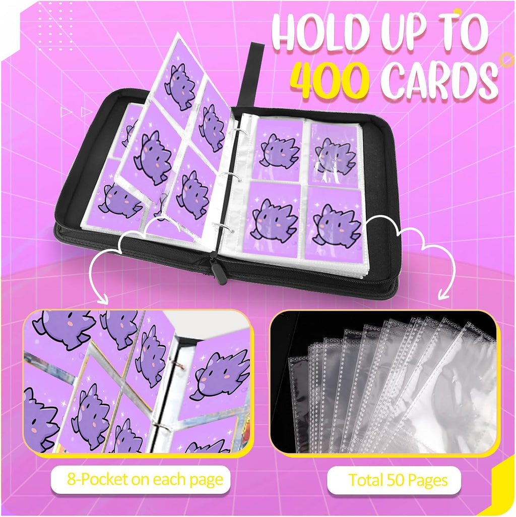 Carpeta de tarjetas de 4 bolsillos, soporte para tarjetas intercambiables para 400 tarjetas con 50 fundas extraíbles, tarjeta de colección portátil, libro de tarjetas de juego con cremallera para