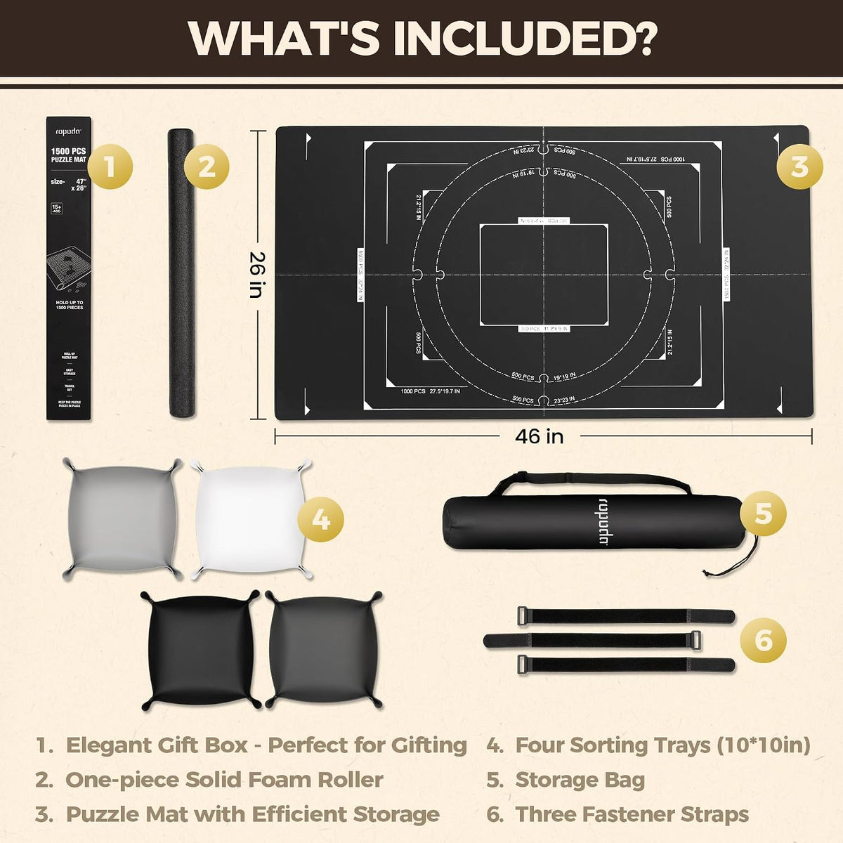 ropoda Alfombrilla enrollable de 1500 piezas de 46" x 26", protector de rompecabezas con 4 bandejas grandes de clasificación y bolsa de almacenamiento de viaje, guardador de rompecabezas enrollable