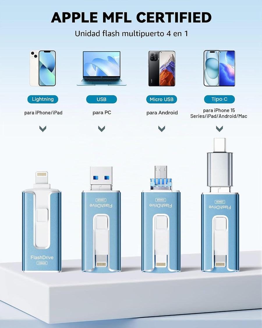 Unidad flash con certificación MFi para iPhone iPad de 256 GB, barr...