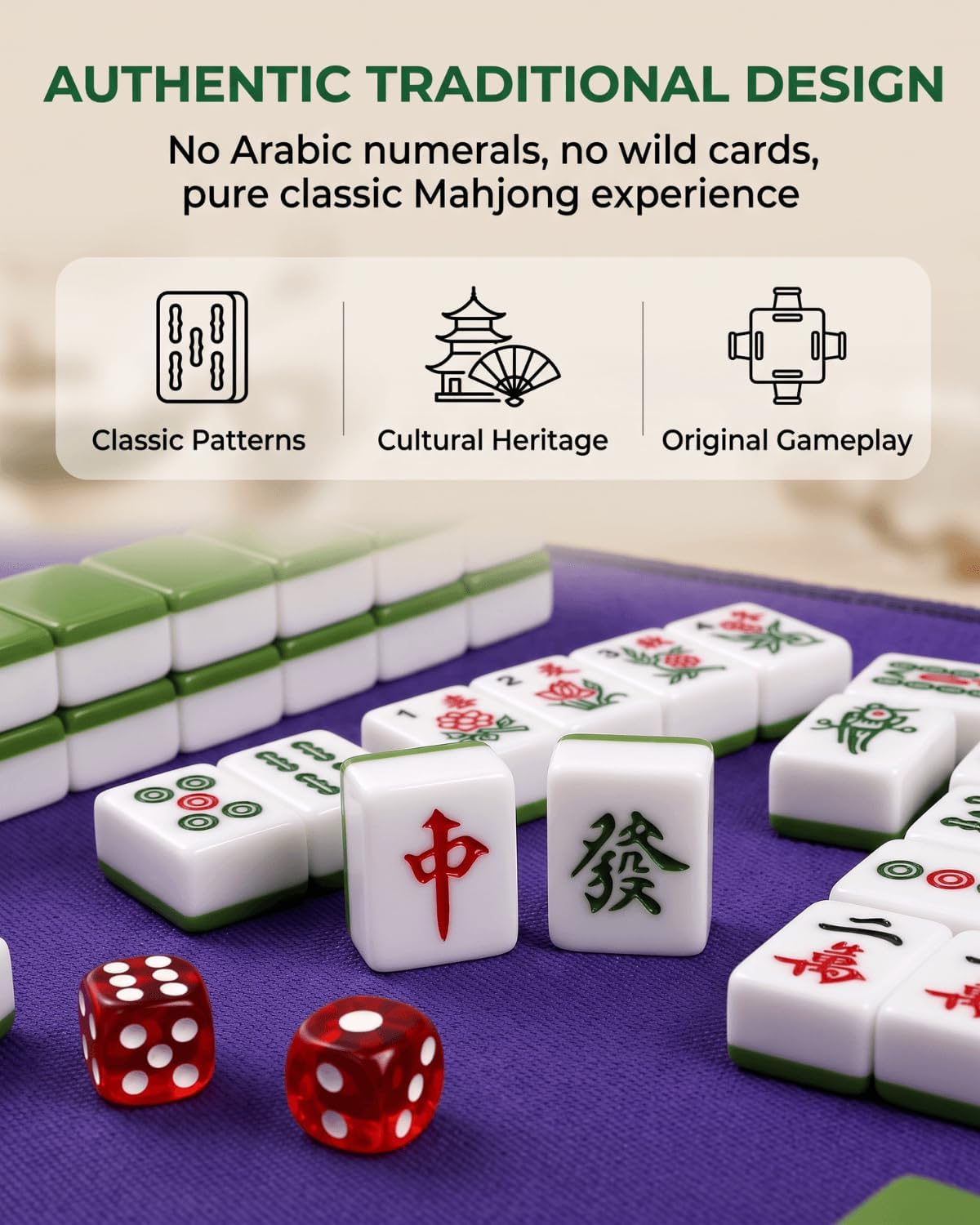Youeon Juego de mahjong chino de 144 piezas con bolsa de transporte, verde