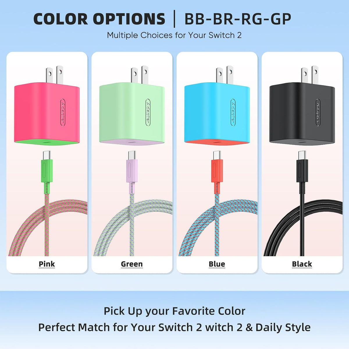 Interruptor 2 Charger con cable USB-C de 6.6FT/2M - Adaptador de corriente AC de 60W, Bloque de carga rápida PD 3.0 para Nintendo Switch 2/1/OLED/Lite/Steam Deck - Soporta 20V/3A y Dock de TV 4K, Wii (6.6FT - Verde Pastel y Púrpura)