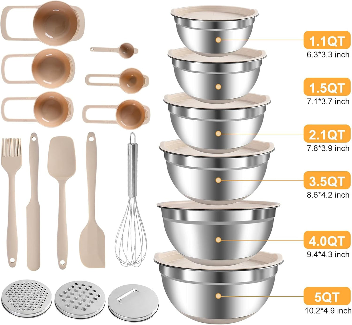Juego de tazones para mezclar con tapas herméticas, juego de 20 utensilios de cocina, 6 cuencos de acero inoxidable, 3 accesorios para rallar, parte inferior de silicona antideslizante, ideal para