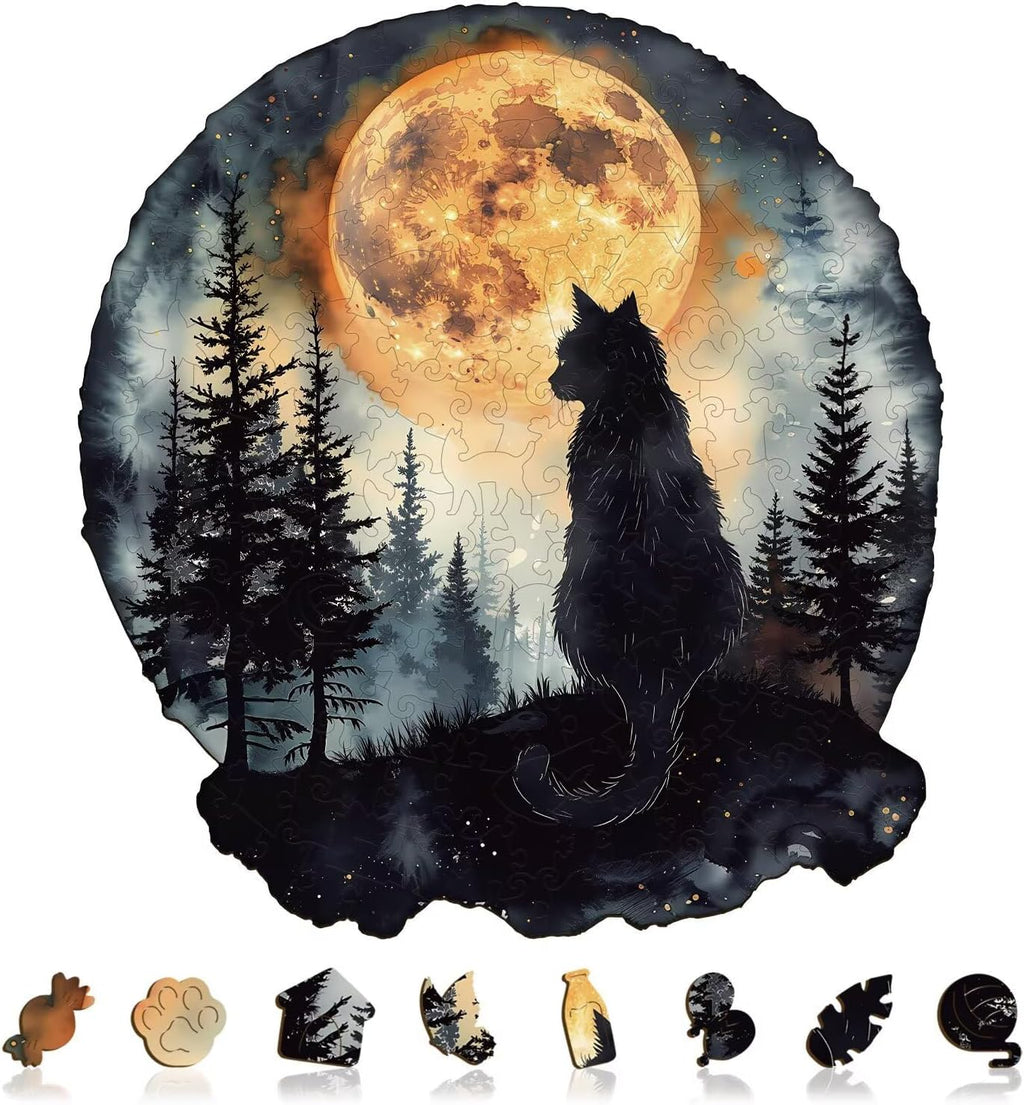 Rompecabezas de gato negro de noche de luna, regalos para adultos para mujeres y hombres, 265 piezas de 13.4 x 12.4 pulgadas