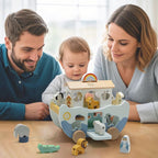 Joyreal Juguete de madera del arca de Noé para regalo de bautismo de bebé niño y niña de 1 año, juguete educativo Montessori de color neutro con clasificador de formas de animales, juguetes cristianos