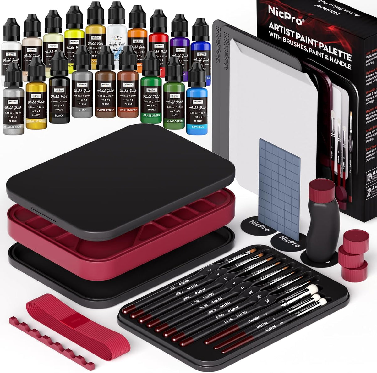 Nicpro - Kit de pintura en miniatura todo en uno con 18 pinturas modelo y paleta húmeda