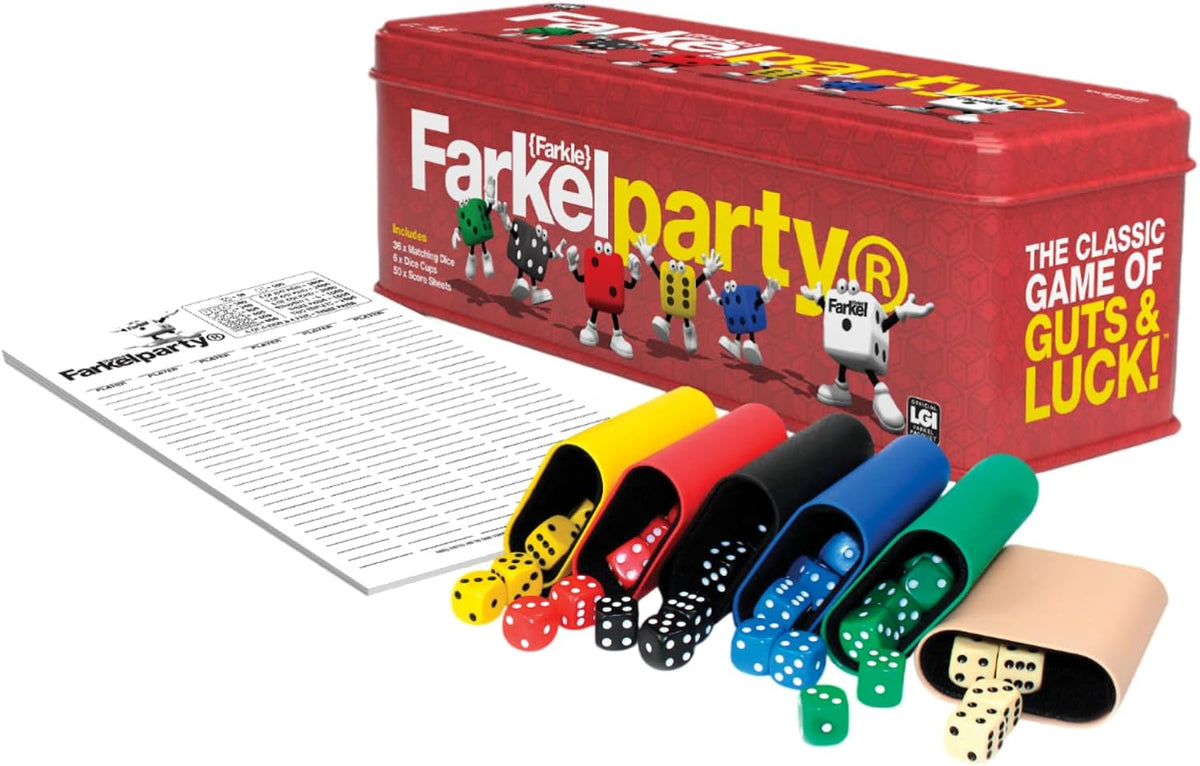 Farkel Juego de dados clásicos para fiestas, juego de dados con licencia oficial de Farkle, 36 dados, 6 tazas, hojas de puntuación y lata de almacenamiento, juego de dados de viaje para noche de juego familiar | 2+ jugadores, a partir de 8 años