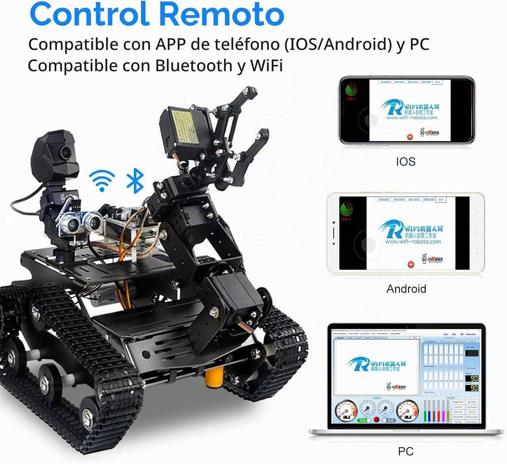 Kit de robot inteligente WiFi para Raspberry Pi 5 4B 3B, 4DOF robótico brazo pista tanque chasis robot coche con cámara HD Proyecto de programación de sensor infrarrojo ultrasónico para mayores de 14 años (sin Raspberry Pi)