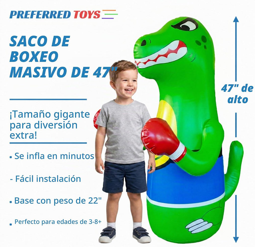 Saco de boxeo inflable de dinosaurio de Preferred Toys para niños – Bolsa Bop para niños pequeños y niños de 3 a 14 años – Juguetes de 47" inflables con acción de rebote – Llene la base con arena o