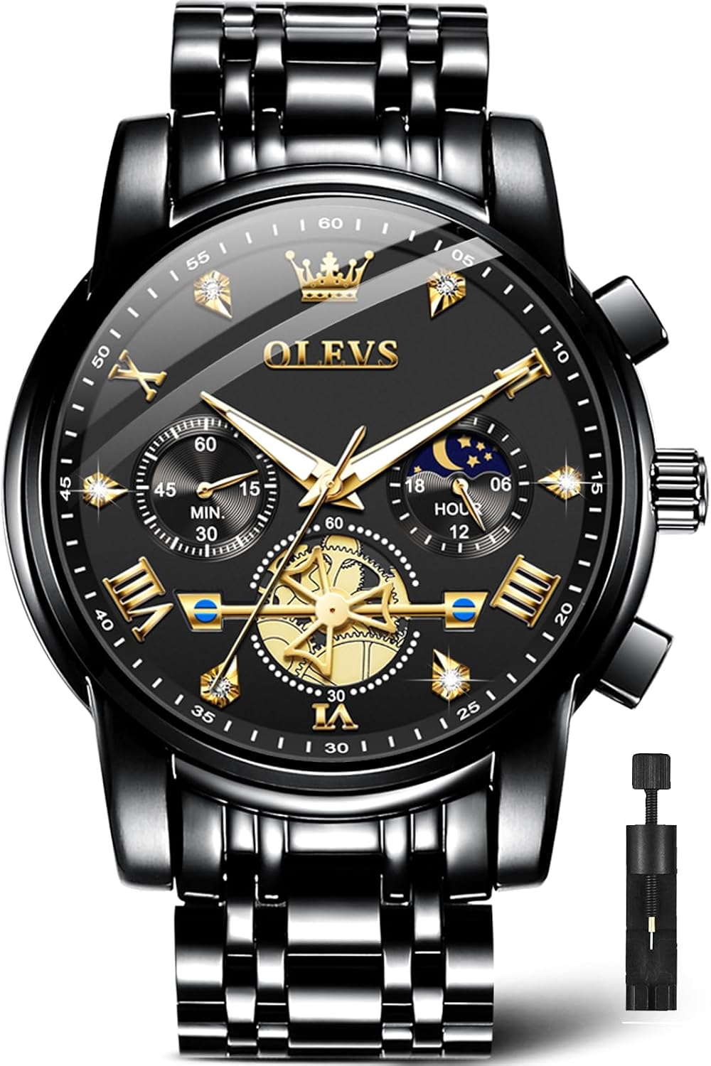 OLEVS Relojes para hombres Luxurious vestimenta acero inoxidable resistente al agua cronógrafo