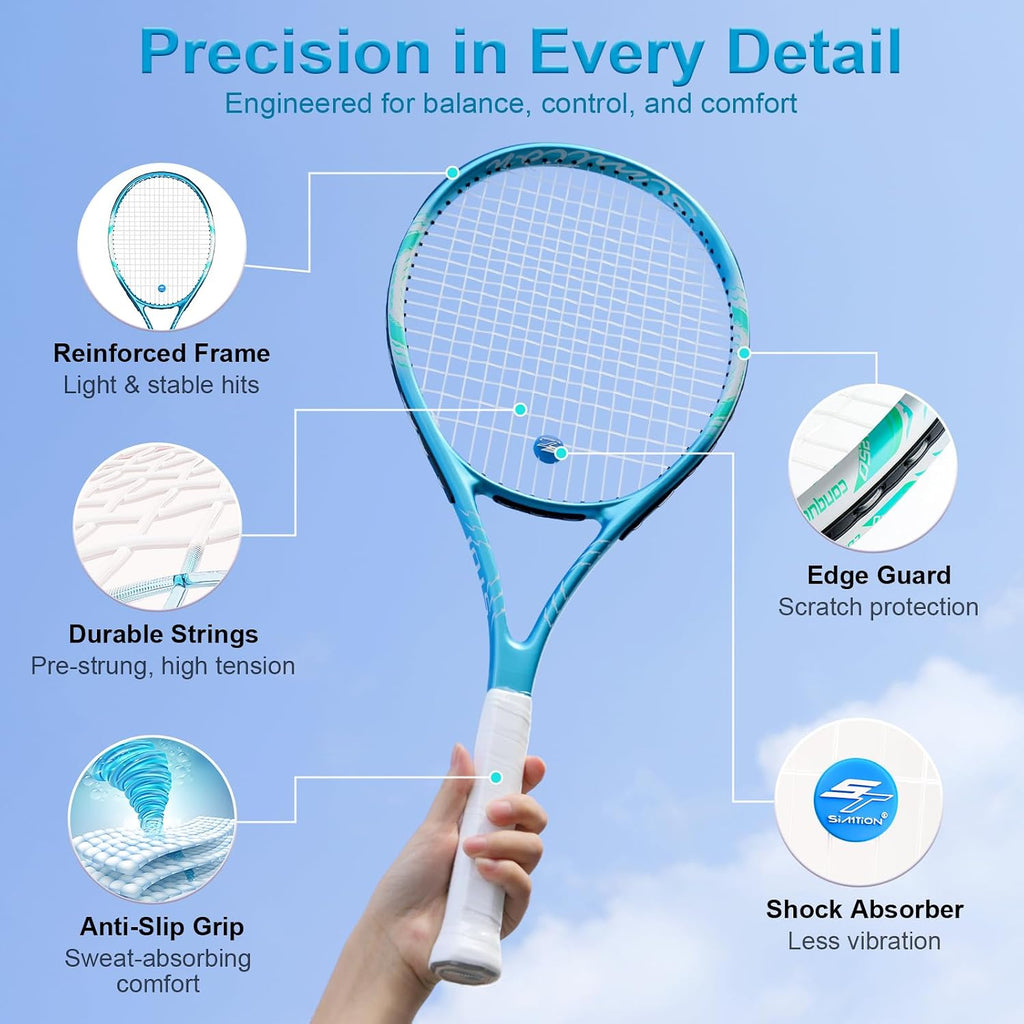 Juego de raquetas de tenis de 27 pulgadas, raquetas de tenis preencordadas para 2 jugadores para adultos, 2 cintas de sobreagarre, 3 pelotas, 2 pulseras y bolsa de transporte, para