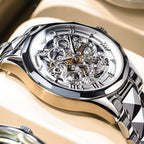 Relojes automáticos de esqueleto para hombre, reloj de pulsera de lujo mecánico de cuerda automática de cristal de zafiro, reloj de acero de tungsteno, 164 ft, impermeable, luminoso, sin batería, AA- Silver White