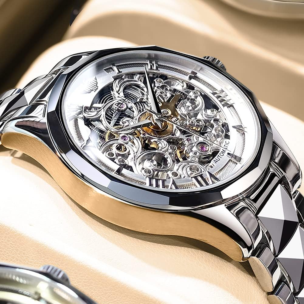 Relojes automáticos de esqueleto para hombre, reloj de pulsera de lujo mecánico de cuerda automática de cristal de zafiro, reloj de acero de tungsteno, 164 ft, impermeable, luminoso, sin batería, AA- Silver White