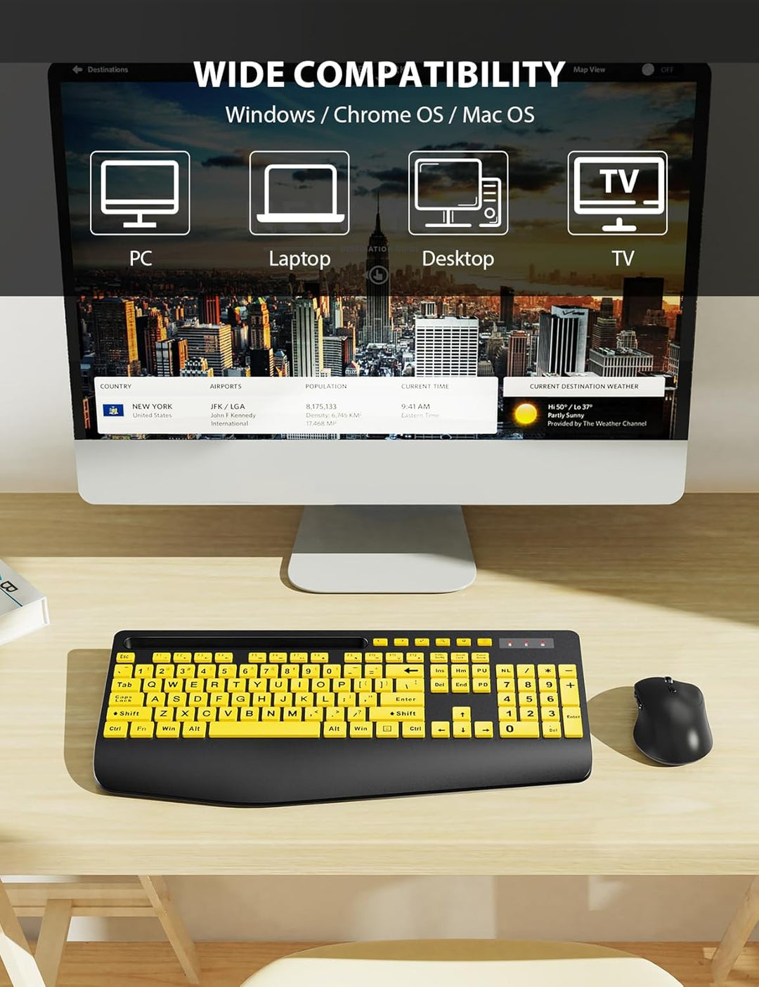 Combo de teclado y mouse inalámbricos - Teclado ergonómico de letra...